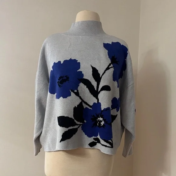 Anthropologie Light Gray Mock-Neck Sweater with Blue Floral Motif - Picture 1 of 8